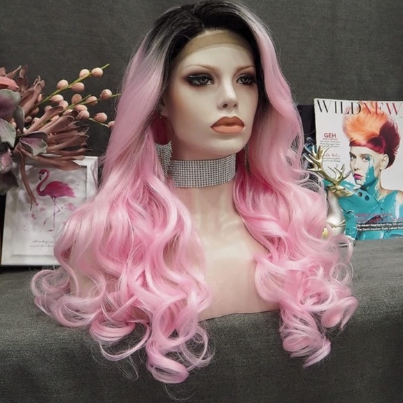 22inch Black to Pink Lace FrontBODY WAVY Wig NEW